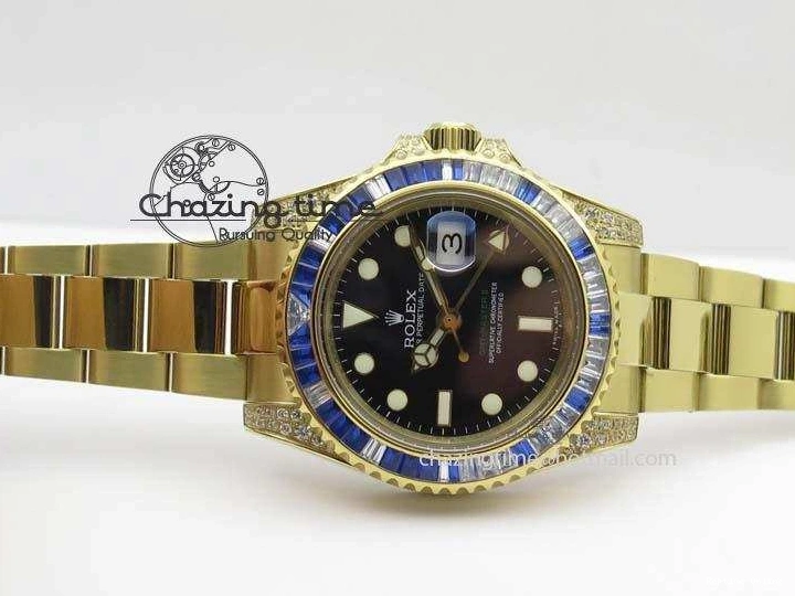 0414 GMT-Master II 116759 YG Bp-Maker Blue Ruby Crystal Bezel Black Dial On YG Bracelet A NewStyle 3775